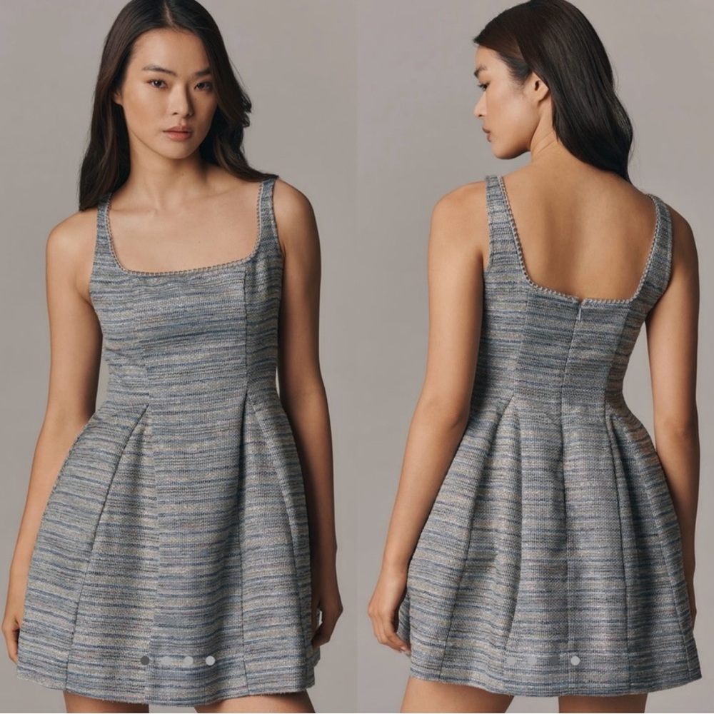 ANTHROPOLOGIE TWEED SLEEVELESS BLUE MOTIF MINI DRESS SIZE 6/8 NWT
